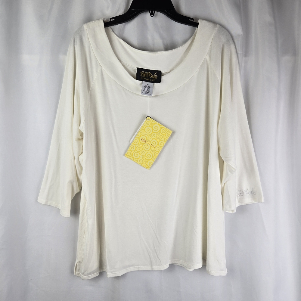 NEW Bob Mackie Wearable Art Ivory White Boat Neck 3/4 Sleeve Top Plus Size 3X